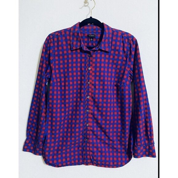 Talbots Womens Medium Check Print Long Sleeve Button Up Top Red Blue Cotton - Picture 1 of 7